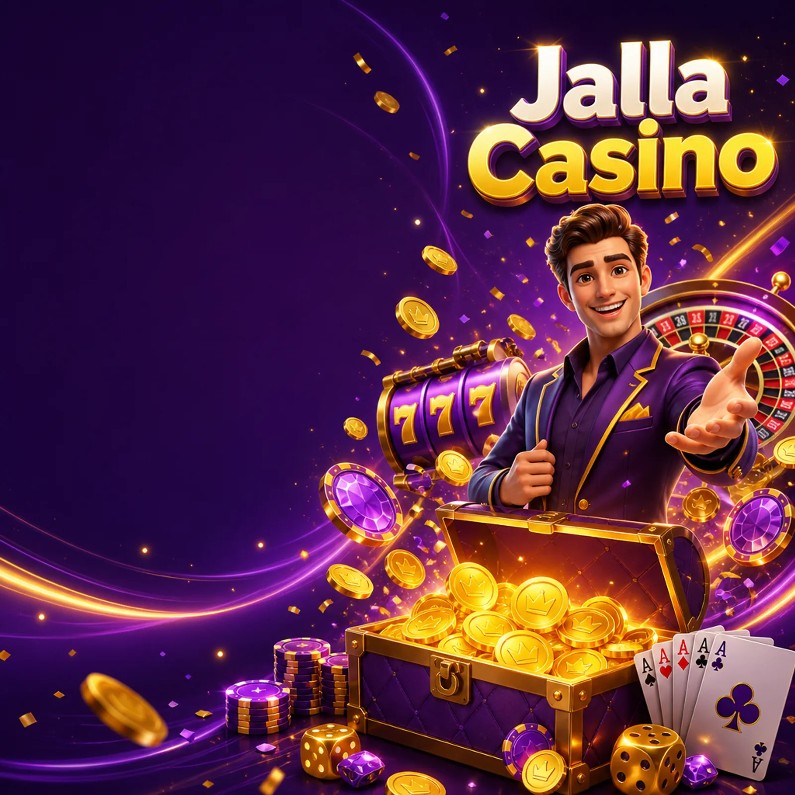 Create a premium homepage hero banner for a social casino website called "Jalla Casino", inspired by the bright, playful yell